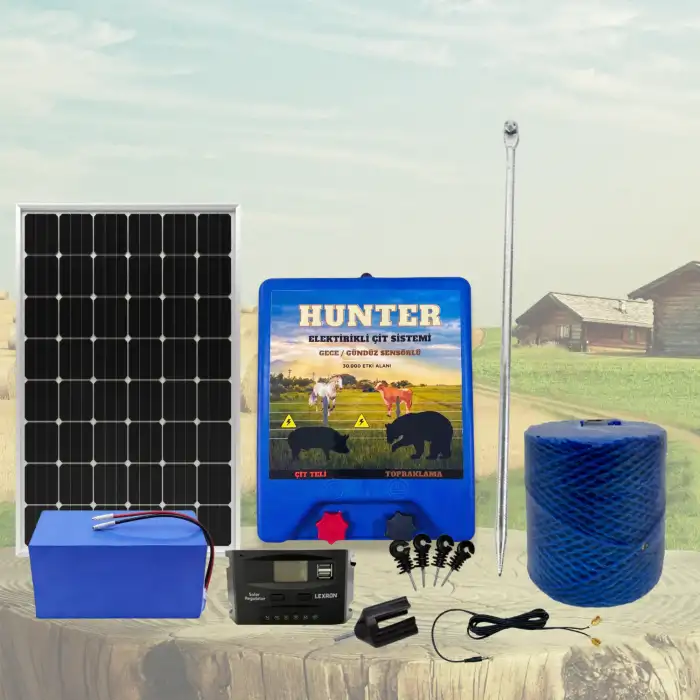 Hunter Profesyonel 500Mt Domuz - Ayı Kovucu Elektrikli Çit Sistemi Güneş Panelli Lityum Akülü