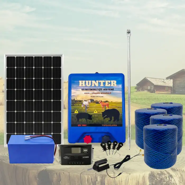 Hunter Profesyonel 2000Mt Domuz - Ayı Kovucu Elektrikli Çit Sistemi Güneş Panelli Lityum Akülü