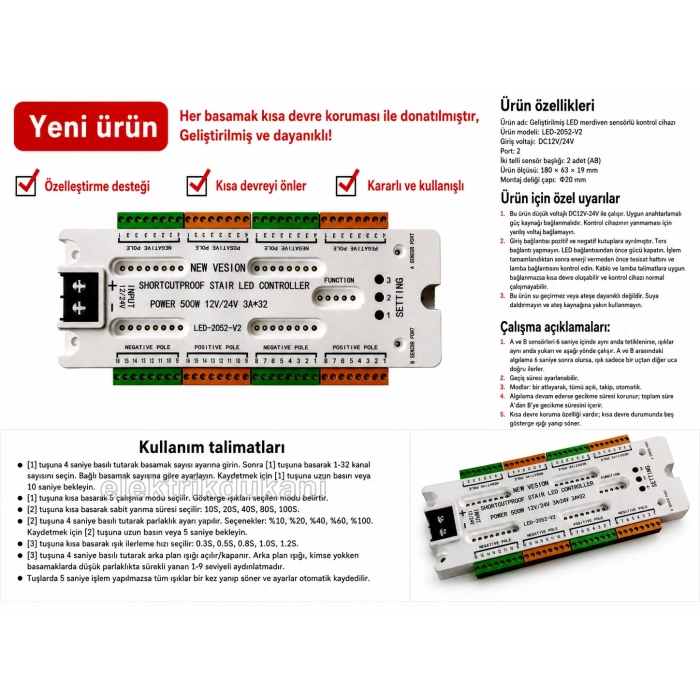 12v/24v DC 32 Basamaklı Merdiven Kontrol Kumanda Cihazı Ünitesi Toplam 500w Güç  2 Sensörlü Hareket e Duyarlı