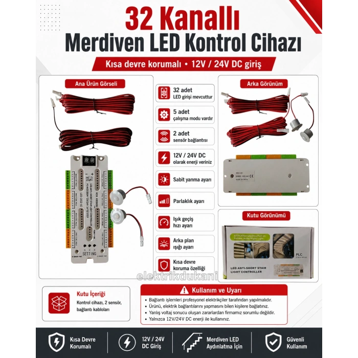 12v/24v DC 32 Basamaklı Merdiven Kontrol Kumanda Cihazı Ünitesi Toplam 500w Güç  2 Sensörlü Hareket e Duyarlı
