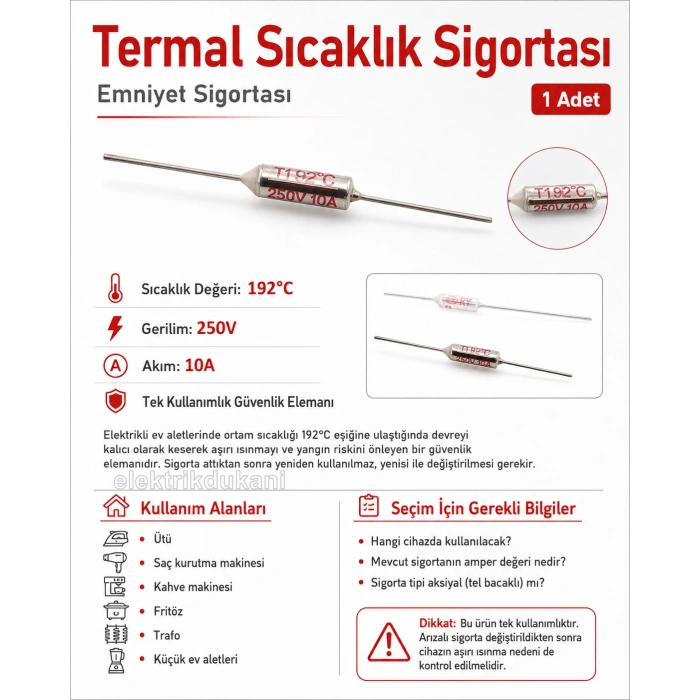 192? Derece Termik Termal Sigorta 10A Emniyet Sigortası