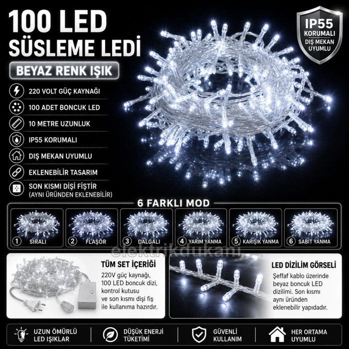 220v Süsleme Ledi 6 Modlu BEYAZ 10mt Dış Mekan 100lü Boncuk İp Süsleme Ledi IP55 Şeffaf Kablo