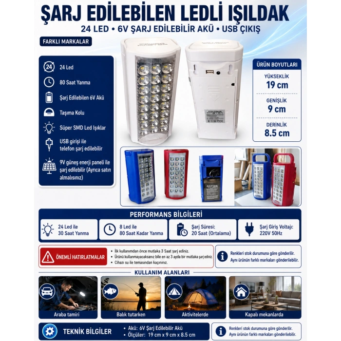 24 Ledli Şarjlı Işıldak 80 Saat Yanabilen Telefon Şarj Edebilen USB li Powerbank