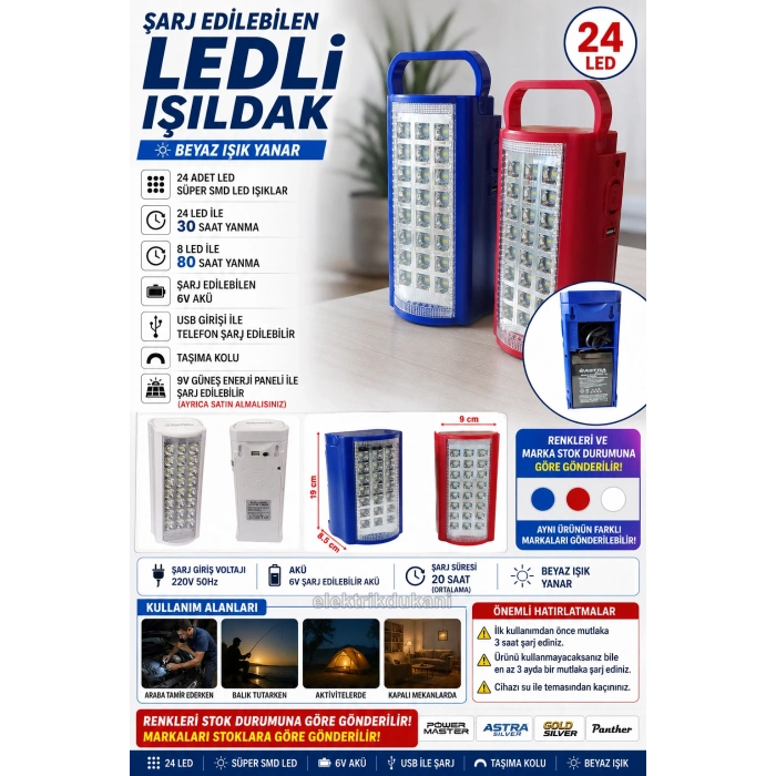 24 Ledli Şarjlı Işıldak 80 Saat Yanabilen Telefon Şarj Edebilen USB li Powerbank
