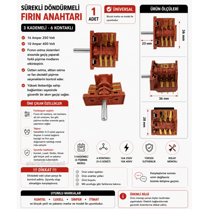 3 Yollu Çevirmeli Fırın Anahtarı Sürekli Döner 3 Kademe 6 Ayak Fırın Kademe Komütatörü