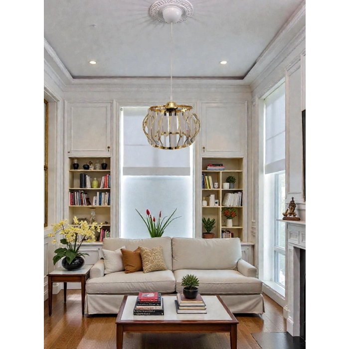 DMR Kristal Taşlı GOLD Yuvarlak Büyük Fiskiye Tekli Avize E-27 Duylu