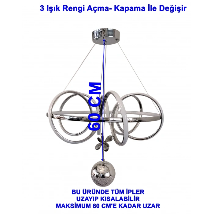 DMR Kuzey Tek Toplu Sarkıt Led Avize KROM Kasa Üç Renk 6500k/4000k/3000k (Beyaz /Ilık Beyaz/Sarı (Günışığı)