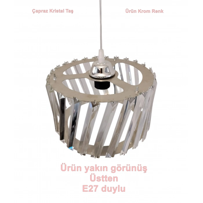 DMR Kristal Çapraz Taşlı KROM Yuvarlak Tekli Avize E-27 Duylu