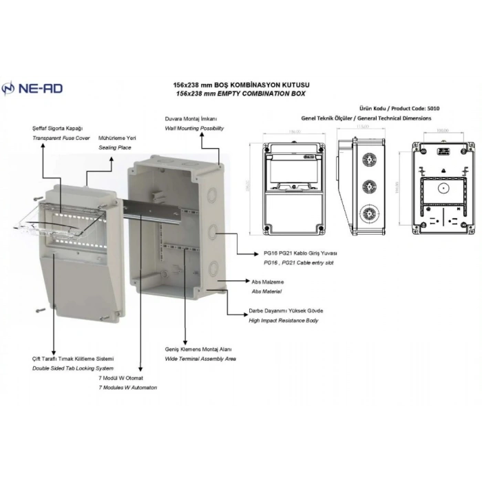 NEAD Boş 156x238x127 Kombinasyon Kutusu Termoplastik Gri IP65 (1 Trifaze 2 Monofaze Priz Takılabilir)