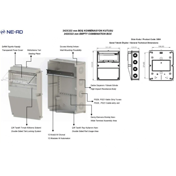 NEAD Boş 242x322x127 Kombinasyon Kutusu Termoplastik Gri IP65 (2 Trifaze 2 Monofaze Priz Takılabilir)