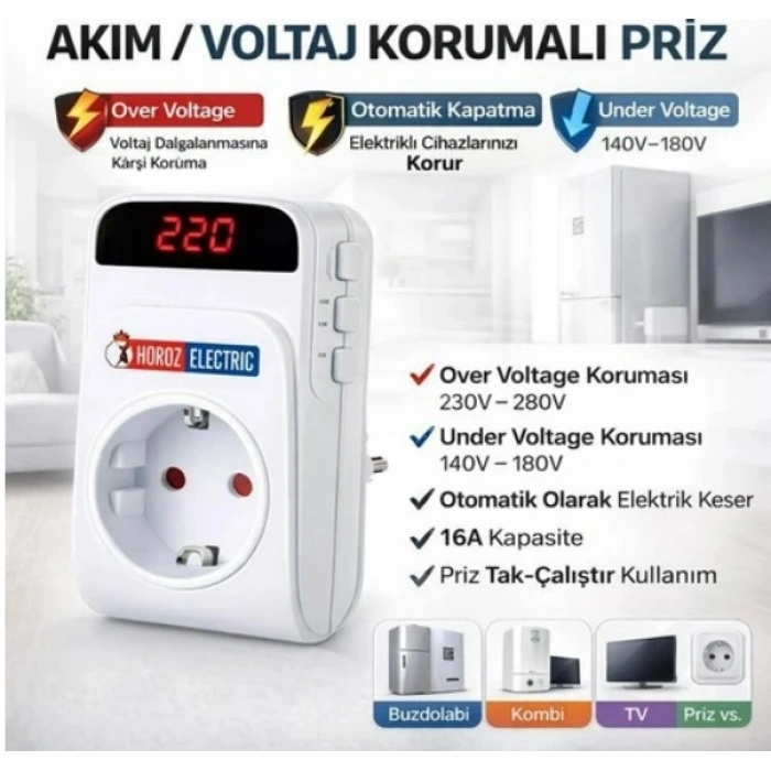 HOROZ Protex-r Ani Yüksek Akım Korumalı Priz Dijital Göstergeli 140v-280v Arası Ayarlanabilir