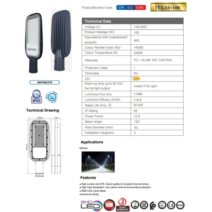 HOROZ Texas-100 100w Ledli Sokak Lambası Armatürü Beyaz Işık 6400k 220 Volt IP65