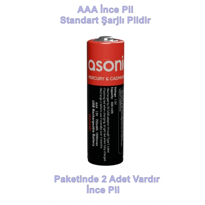 ASONİC 400mAh 1.5 Volt Şarjlı İnce Kalem Pil AAA 2li Pk. Type-C Soketli Kablo İle Şarj Edilebilir