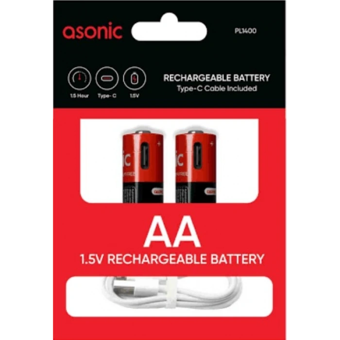 ASONİC 1400mAh 1.5 Volt Şarjlı Kalem Pil AA 2li Pk. Type-C Soketli Kablo İle Şarj Edilebilir