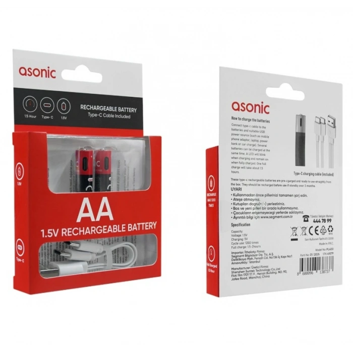ASONİC 1400mAh 1.5 Volt Şarjlı Kalem Pil AA 2li Pk. Type-C Soketli Kablo İle Şarj Edilebilir