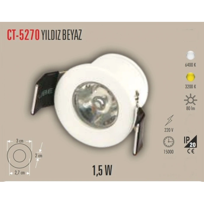 CATA Yıldız 1.5w BEYAZ Kasa Beyaz Işık Power Ledli Parmak Spot 6400k 220v IP20