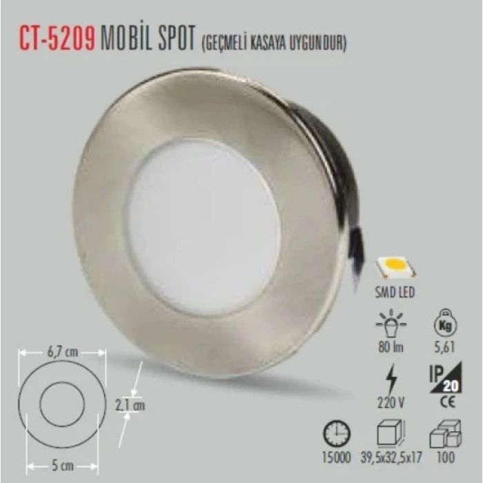 CATA 2w Neptün Led Mobil Spot Koridor ve Basamak Aydınlatma Krom Kasa BEYAZ Işık 6400k (Geçme Kasaya Takılabilir)