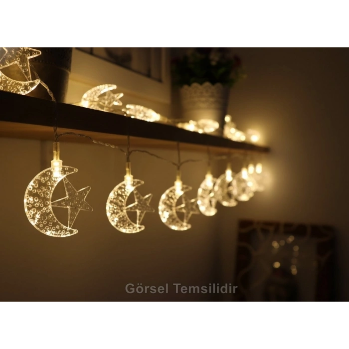 Pilli 1.5mt Hilal Yıldız Motifli Süsleme Ledi GÜNIŞIĞI Boncuk Led (2 Adet AA Pil İle Çalışır Piller Hariç)
