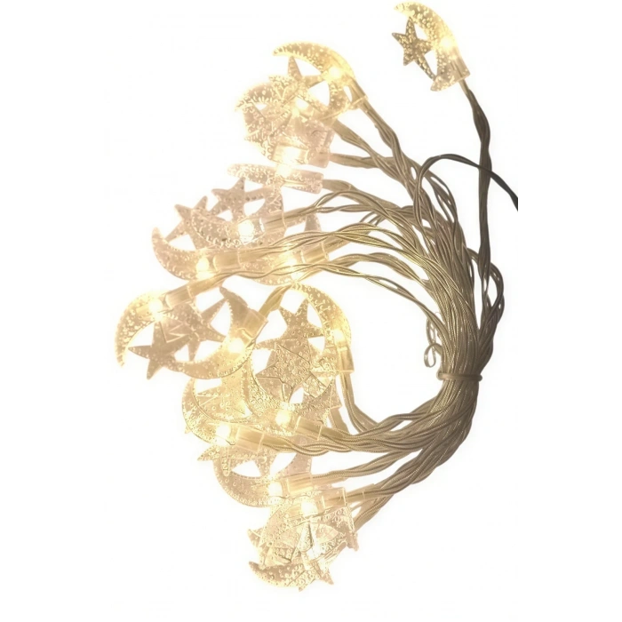 Pilli 1.5mt Hilal Yıldız Motifli Süsleme Ledi GÜNIŞIĞI Boncuk Led (2 Adet AA Pil İle Çalışır Piller Hariç)