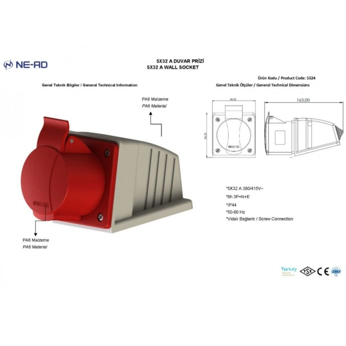 NEAD 5x32A Sıva Üstü DUVAR Prizi Trifaze Sanayi Priz 3 Faz+N+Toprak IP44