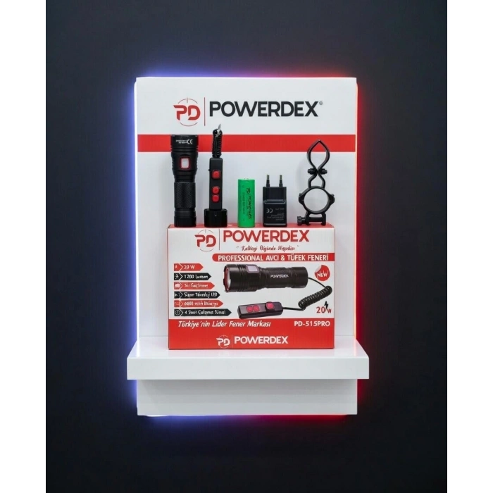 POWERDEX 20w Şarjlı Ledli Profesyonel Avcı Tüfek El Feneri 1200Lm 26650 Pil 6000mAh 3.7v IP65