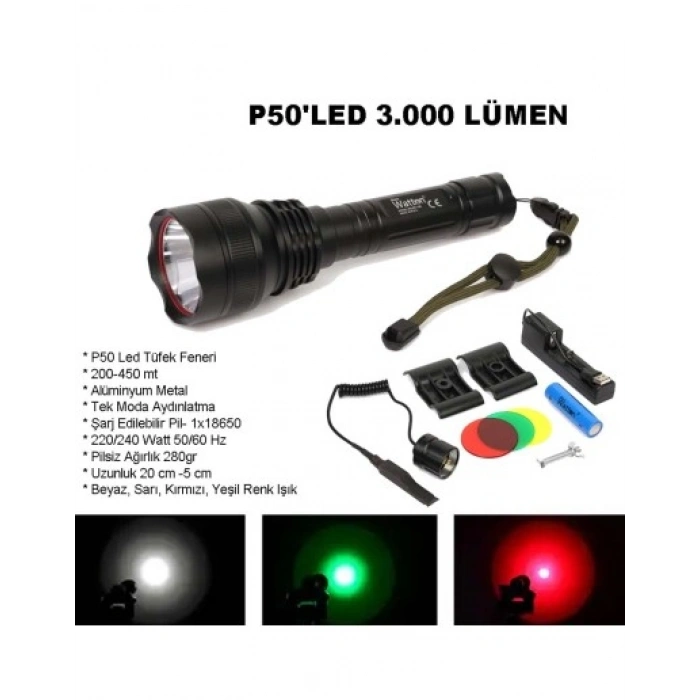 WATTON 3000lm Şarjlı Ledli Profesyonel Avcı Tüfek El Feneri 18650 Pil 5200mA 3.7v IP65