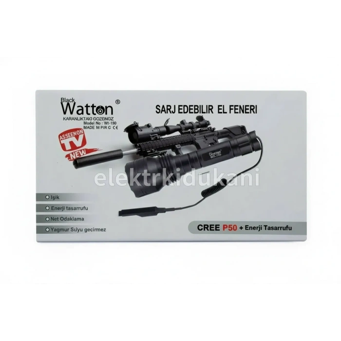 WATTON 3000lm Şarjlı Ledli Profesyonel Avcı Tüfek El Feneri 18650 Pil 5200mA 3.7v IP65