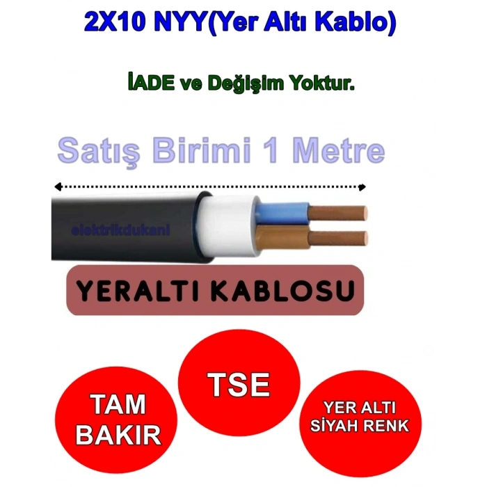 ALKAN 2x10mm Kablo Yer Altı Elektrik Kablosu SİYAH YVV (NYY) 0.6/1 kV