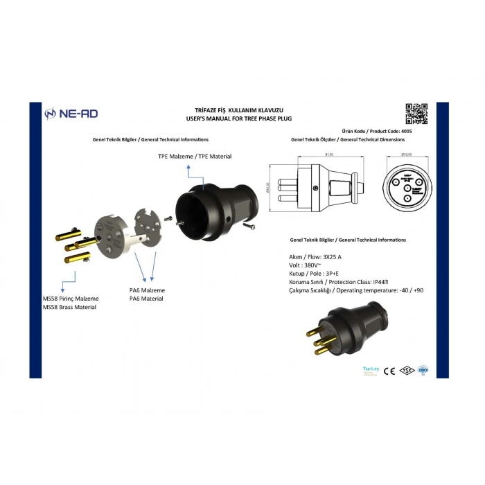 NEAD 4x16A Kauçuk Trifaze Fiş Siyah Sanayi Fiş IP44