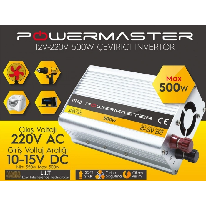 POWERMASTER 12v - 220v Ac 500w Çevirici Modified Sinus İnverter 350w - 500 Watt (12 Volt Giriş 220 Volt Çıkış)