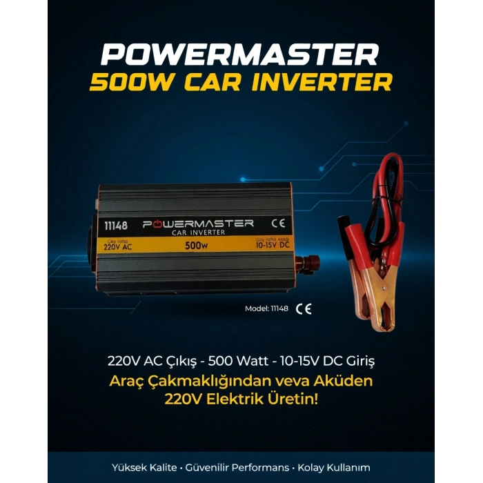 POWERMASTER 12v - 220v Ac 500w Çevirici Modified Sinus İnverter 350w - 500 Watt (12 Volt Giriş 220 Volt Çıkış)