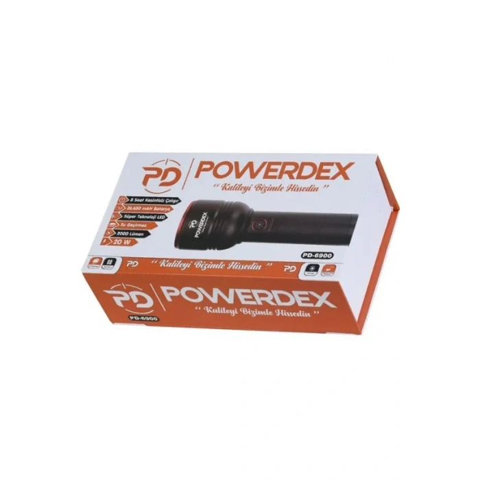 POWERDEX 20w Şarjlı Ledli Profesyonel El Feneri 2000Lm 26650 Pil 6000mAh 3.7v IP65