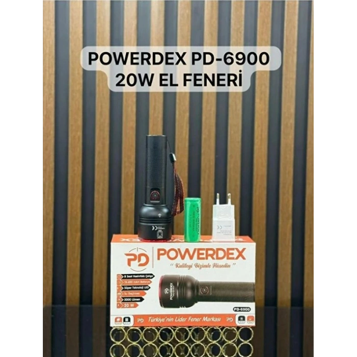 POWERDEX 20w Şarjlı Ledli Profesyonel El Feneri 2000Lm 26650 Pil 6000mAh 3.7v IP65
