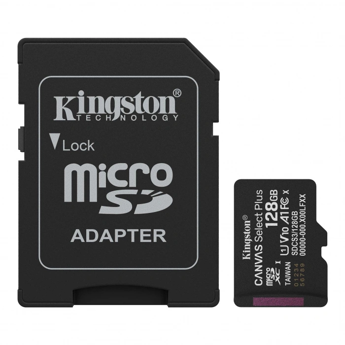 KİNGSTON 128GB Hafıza Kartı Micro SDCS3 Canvas Select Plus Class 10 UHS-I 150Mb/S R A1 V10 SD Card+Adapter