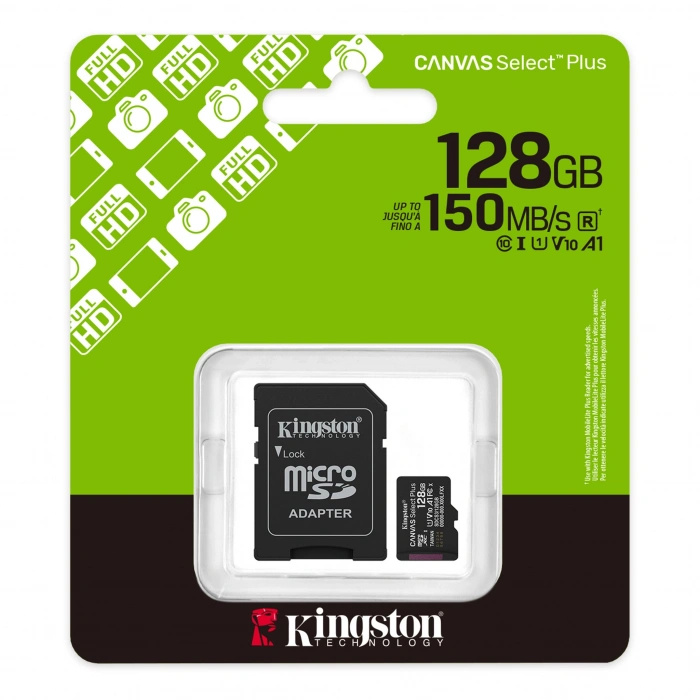 KİNGSTON 128GB Hafıza Kartı Micro SDCS3 Canvas Select Plus Class 10 UHS-I 150Mb/S R A1 V10 SD Card+Adapter