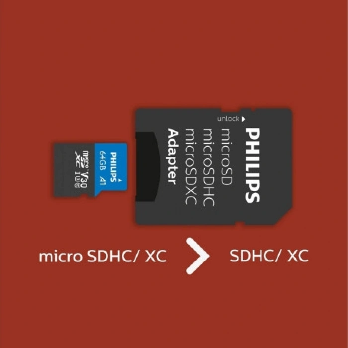 PHILIPS 64Gb UHS-I Micro SDXC Card Mikro Hafıza Kartı Ultra Pro Up to 100 Mb/S R A1 Class 10 Card+Adapter