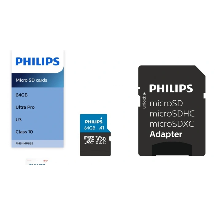 PHILIPS 64Gb UHS-I Micro SDXC Card Mikro Hafıza Kartı Ultra Pro Up to 100 Mb/S R A1 Class 10 Card+Adapter