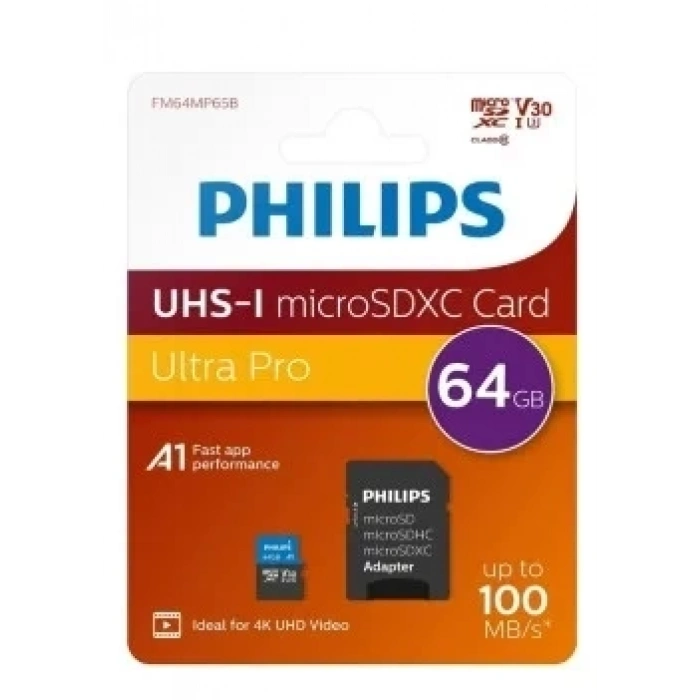 PHILIPS 64Gb UHS-I Micro SDXC Card Mikro Hafıza Kartı Ultra Pro Up to 100 Mb/S R A1 Class 10 Card+Adapter