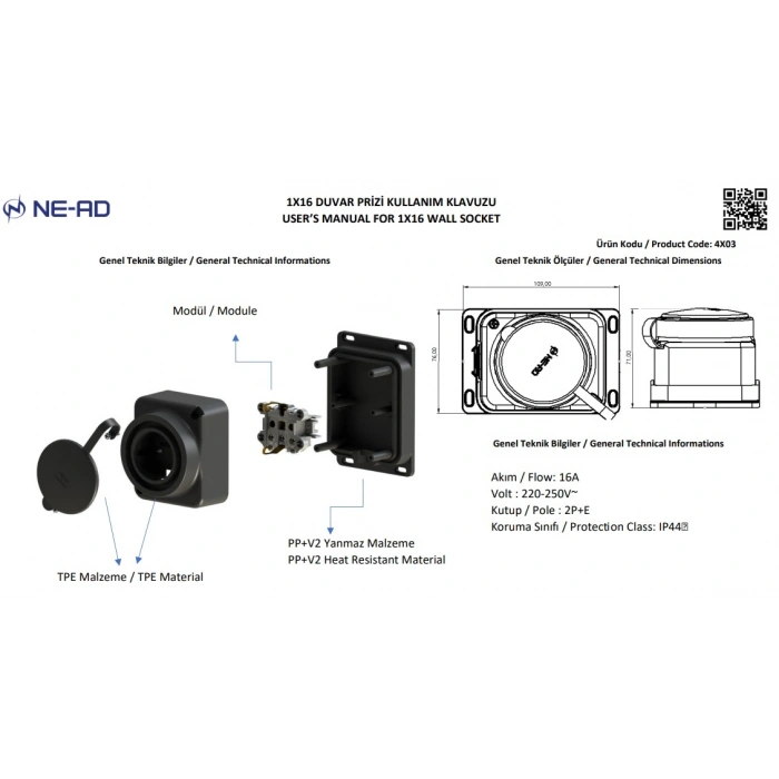 NEAD 1x16A Monofaze Kauçuk Kapaklı Sıva Üstü Topraklı Duvar Prizi 220v IP62