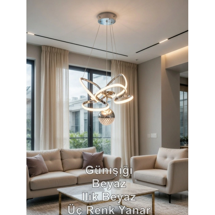 DMR 1 Toplu TAÇLI Sarkıt Led Avize KROM Kasa Üç Renk 6500k/4000k/3000k (Beyaz /Ilık Beyaz/Sarı (Günışığı))