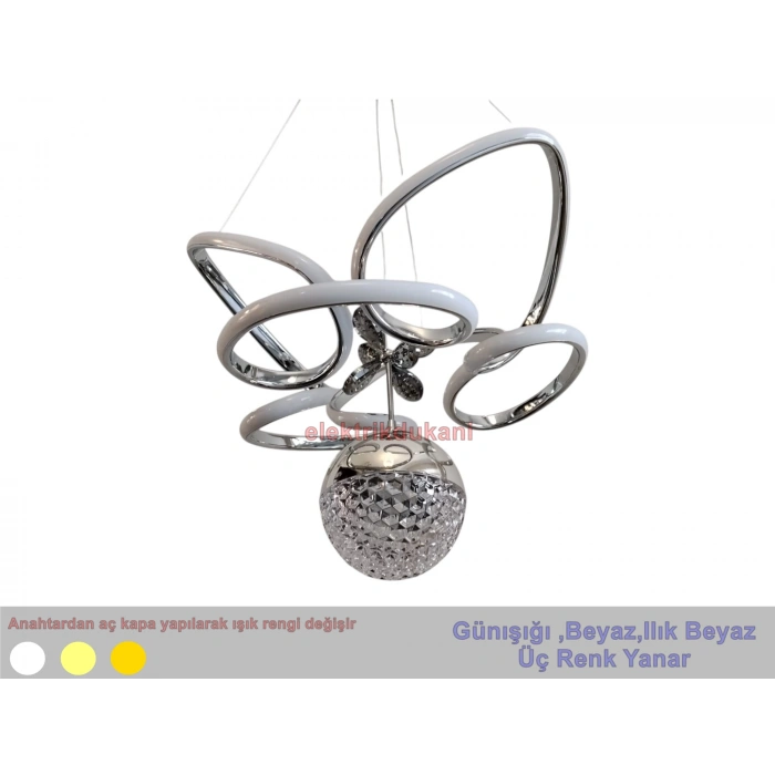 DMR 1 Toplu TAÇLI Sarkıt Led Avize KROM Kasa Üç Renk 6500k/4000k/3000k (Beyaz /Ilık Beyaz/Sarı (Günışığı))