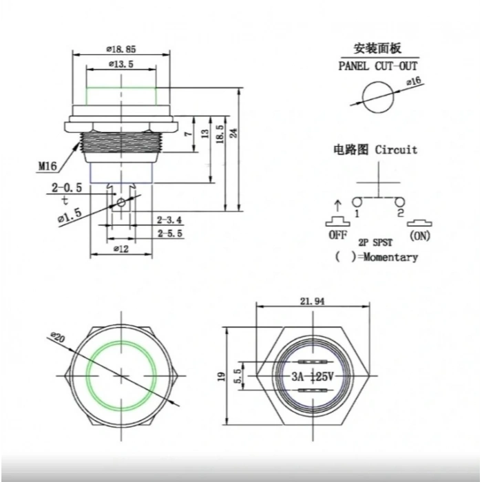 ENDER Metal Yuvarlak Yaylı Buton Kırmızı Plastik Düğmeli (16mm Delik Çapı)