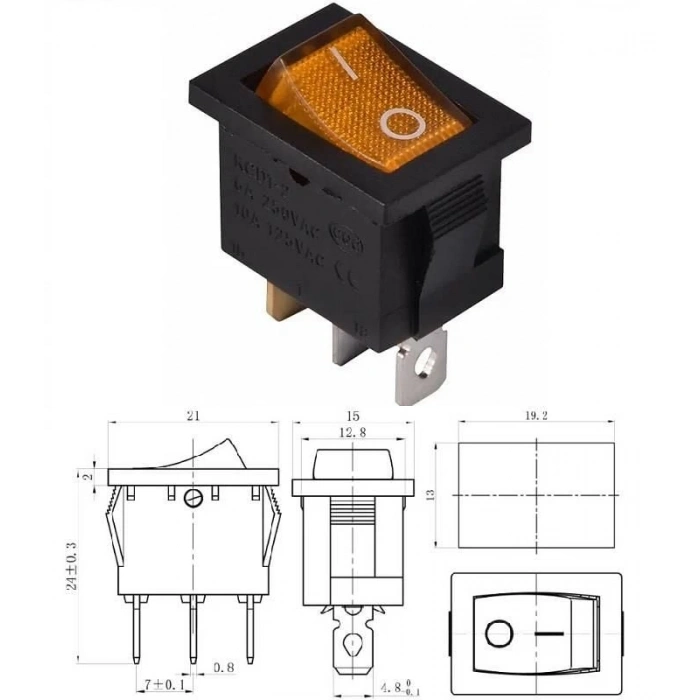 ENDER Işıklı SARI Mini Anahtar 3 Ayaklı 10A 220v IP40 (19x17mm Derinlik 20mm Dikdörtgen)