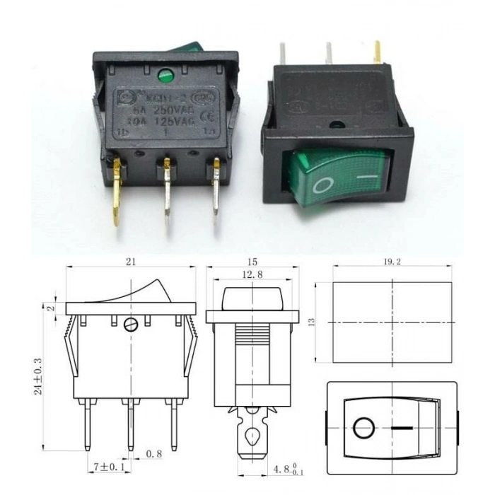 ENDER Işıklı YEŞİL Mini Anahtar 3 Ayaklı 10A 220v IP40 (19x17mm Derinlik 20mm Dikdörtgen)