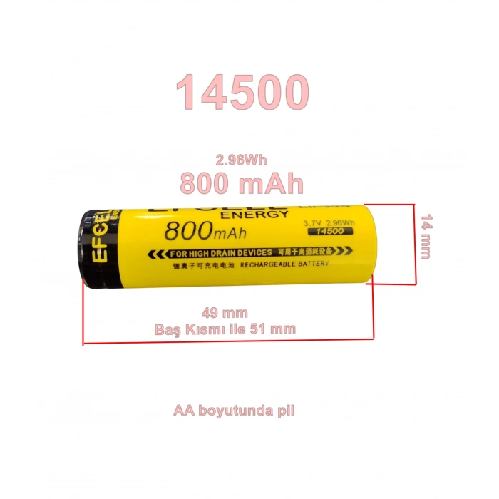 14500 3.7v Başlı Şarjlı Pil Li-On 800mAh (2.96wh AA Normal Kalem Pil Boyutunda)
