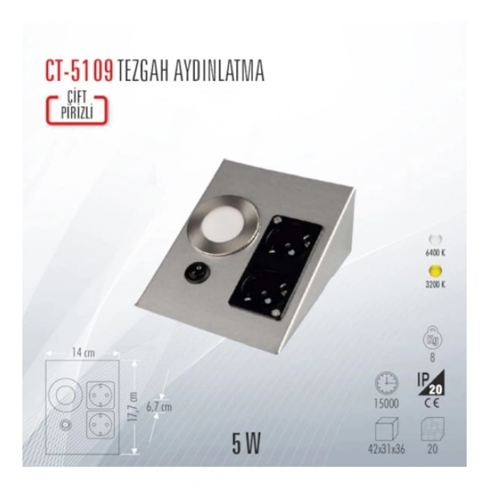 CATA Satin Kasa Üçgen Tezgah Altı Çift Priz 1w Beyaz Işık Anahtarlı  Spot 220v (Krom Kasa)