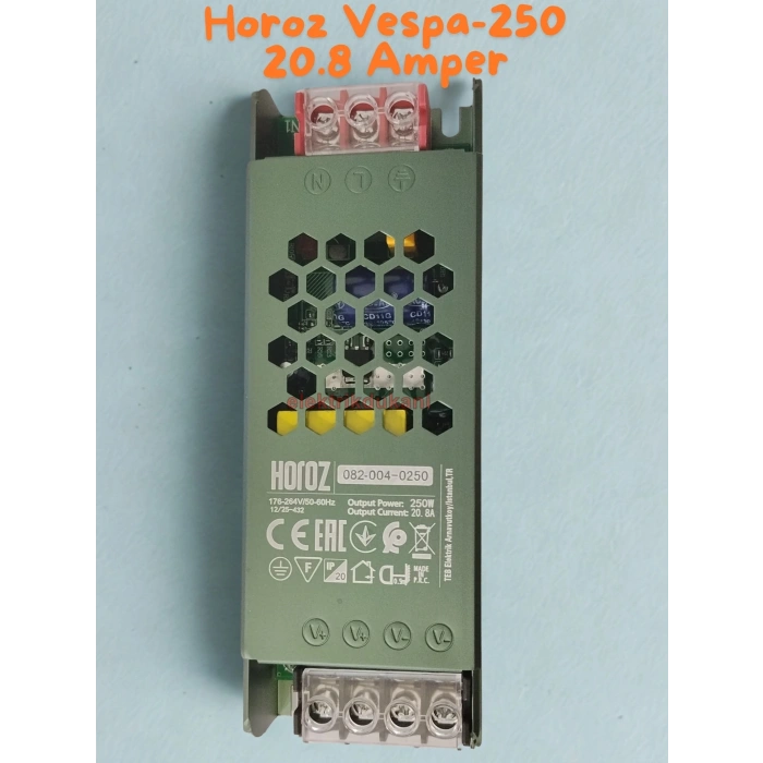 HOROZ Vespa-250 Süper Slim 12v Dc 20.8A Şerit Led Trafosu 250w IP20 (12 Volt 20.8 Amper 10mt ye Kadar Kullanım İçin Uygundur)