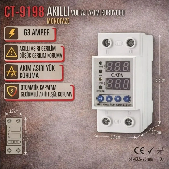 CATA 1x63A Monofaze Akıllı Voltaj ve Akım Koruma Rolesi Şebeke Giriş Voltaj Denetleyici 220 Volt 63 Amper