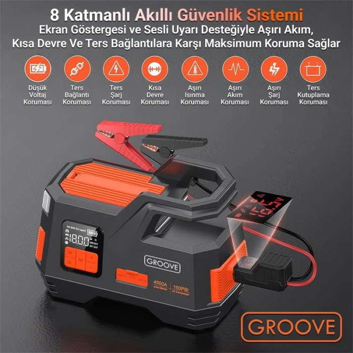 GROOVE Akü Takviye Cihazı ve Hava Kompresörü 29200mAh 4500A Akü (Kompresör+Powerbank+Led Lamba)