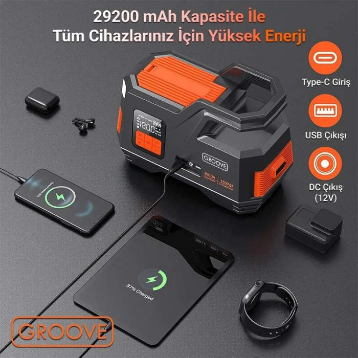 GROOVE Akü Takviye Cihazı ve Hava Kompresörü 29200mAh 4500A Akü (Kompresör+Powerbank+Led Lamba)